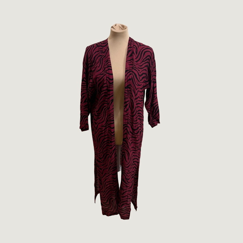 LOFT Zebra Print Long Open Front Duster Kimono Burgundy Black XS/S Fall Layer
